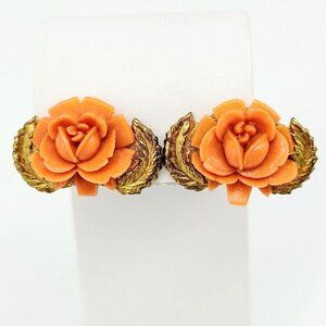 Vtg MCM Lucite Rose Earrings Antiqued Gold Tone Screw Backs Romantic Renaissance